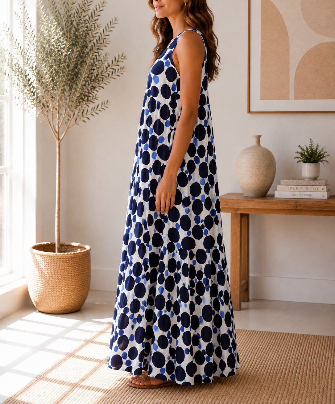 Ladies Blue Sleeveless V-neck Polka Dot Maxi Dress - StylePhase SA