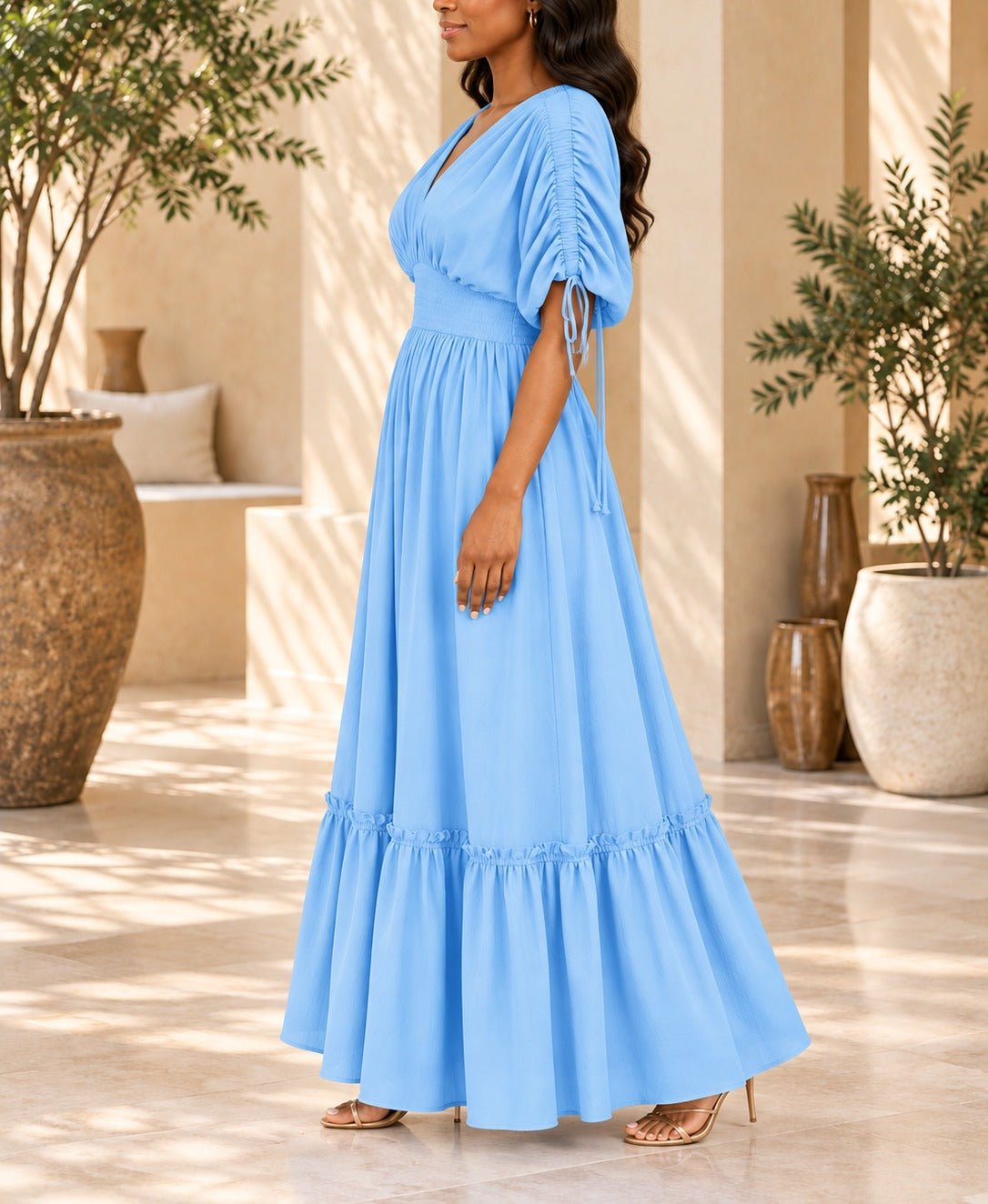 Ladies Blue V-neck Drawstring Sleeve Tier Maxi Dress - StylePhase SA