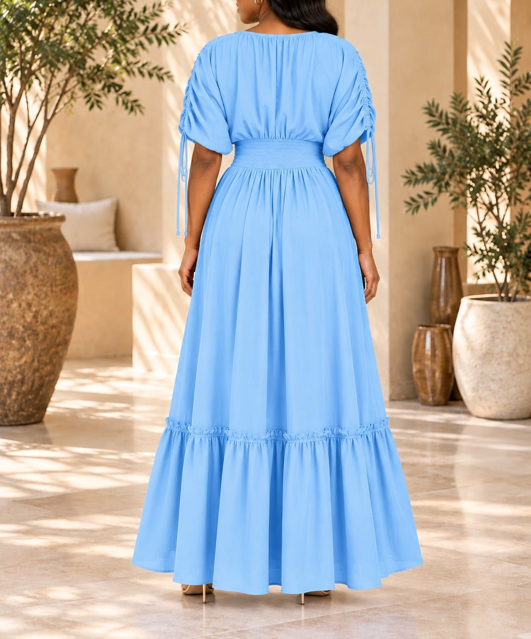 Ladies Blue V-neck Drawstring Sleeve Tier Maxi Dress - StylePhase SA