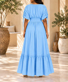Ladies Blue V-neck Drawstring Sleeve Tier Maxi Dress - StylePhase SA