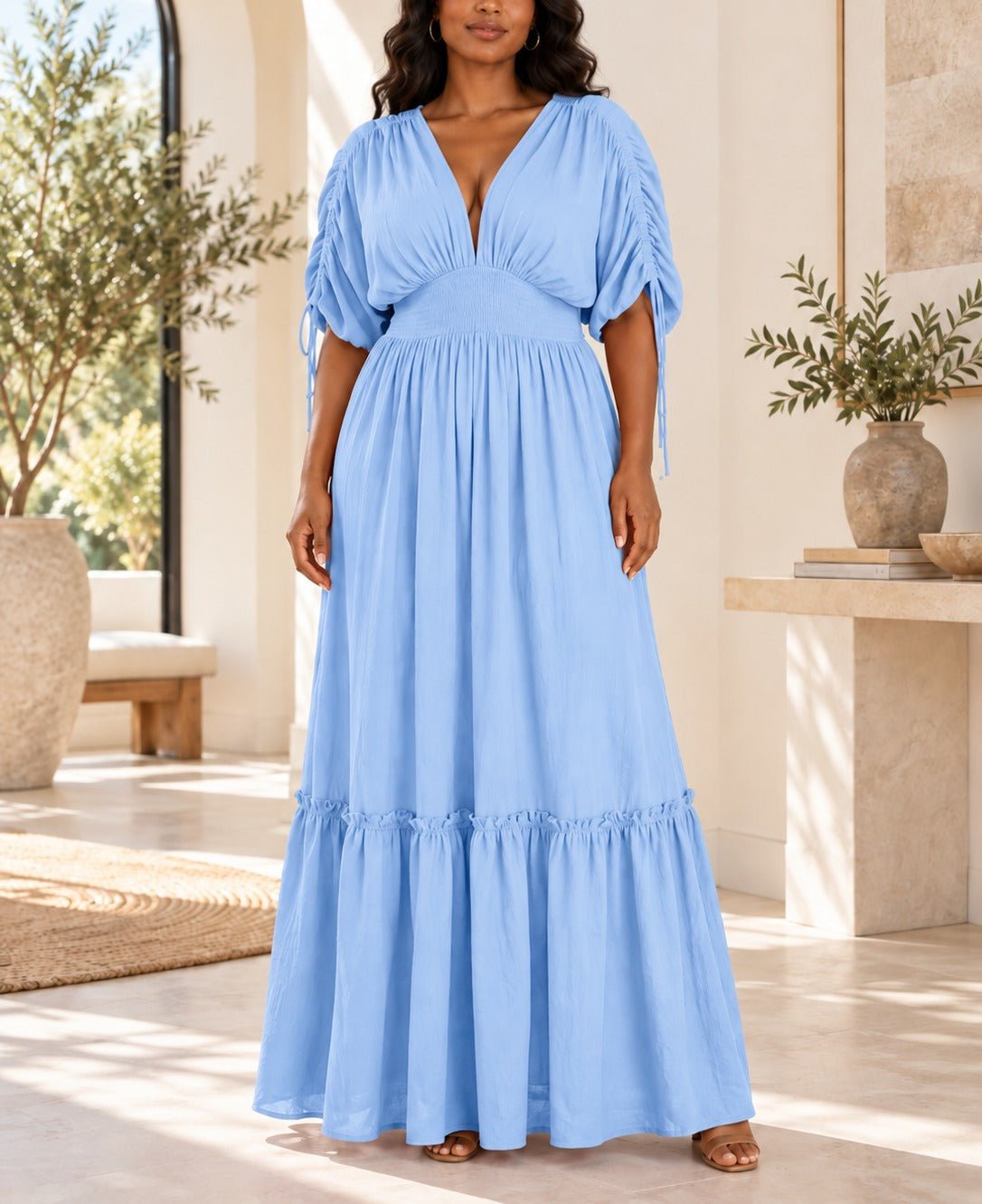 Ladies Blue V-neck Drawstring Sleeve Tier Maxi Dress - StylePhase SA