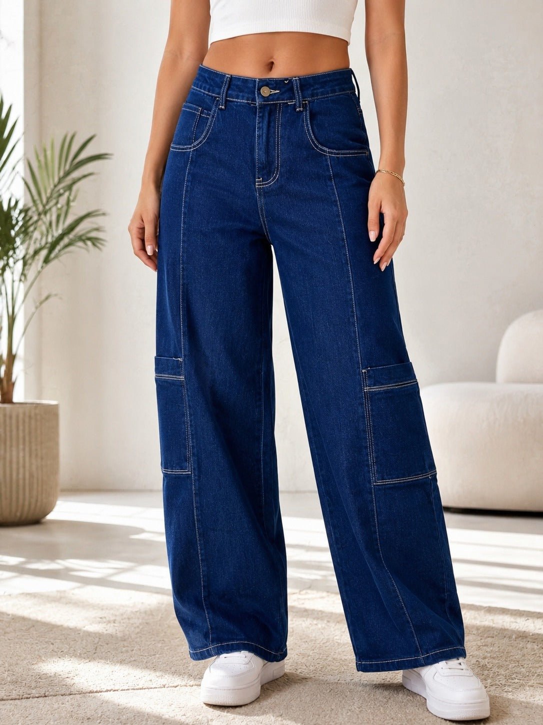 Ladies Blue Wide Leg Cargo Jeans - StylePhase SA