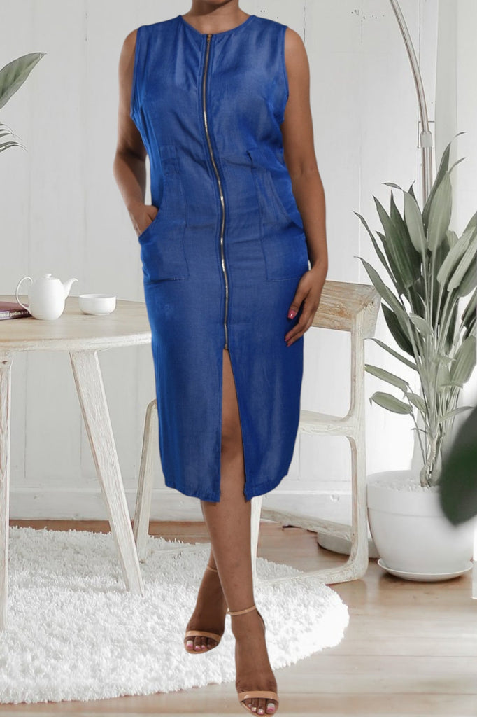 Ladies Blue Zip Front Tie Dress - StylePhase SA