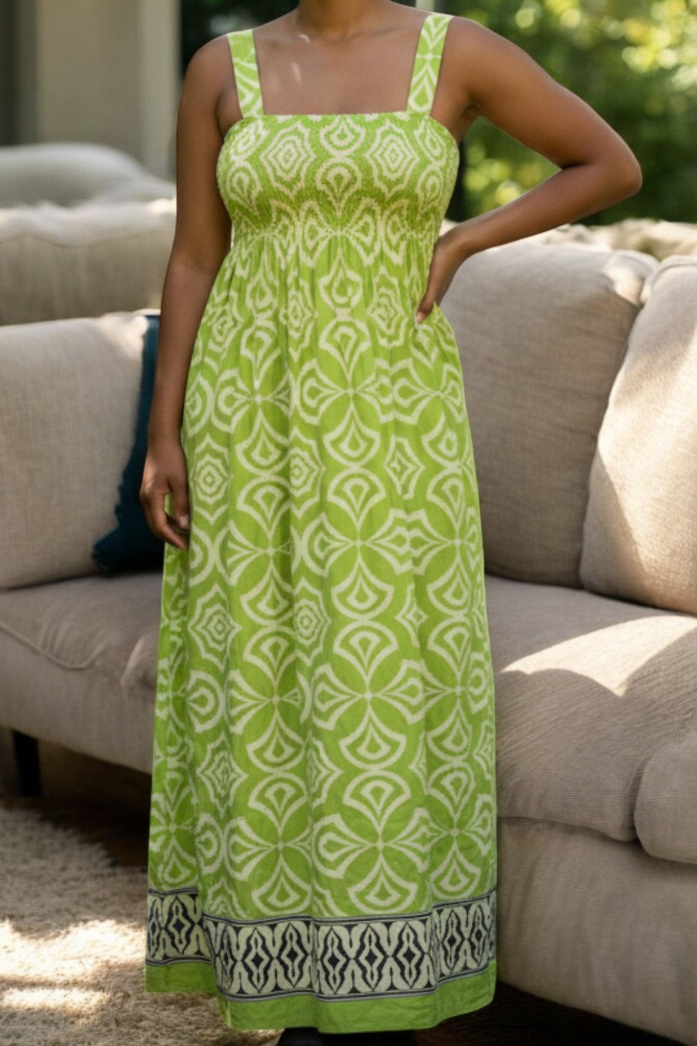 Ladies Border Print Strappy Dress - Lime - StylePhase SA