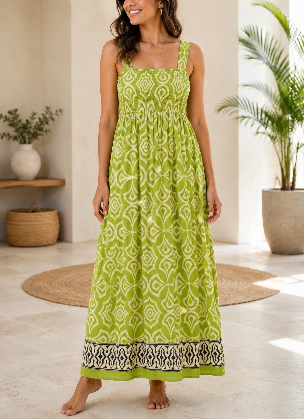 Ladies Border Print Strappy Dress- Lime - StylePhase SA