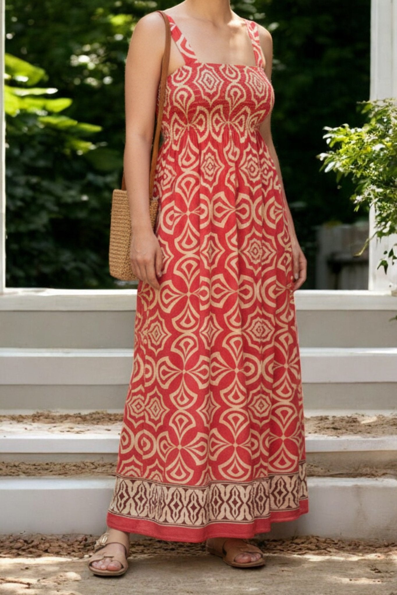 Ladies Border Print Strappy Dress - Red Print - StylePhase SA