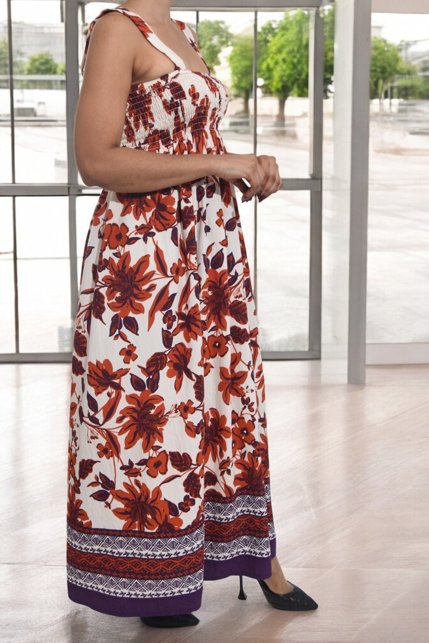 Ladies Border Print Strappy Dress - Rust Floral - StylePhase SA