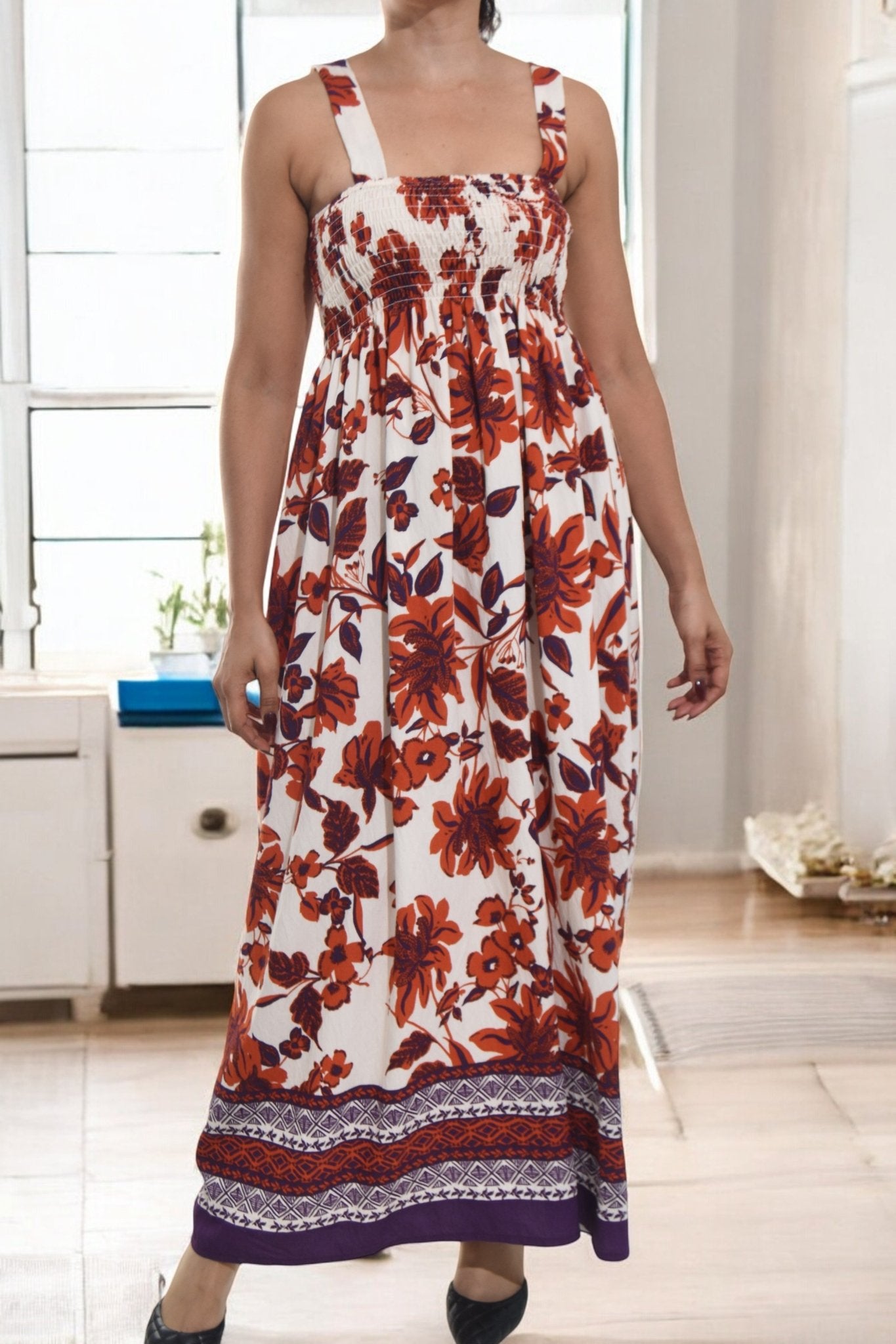 Ladies Border Print Strappy Dress - Rust Floral - StylePhase SA