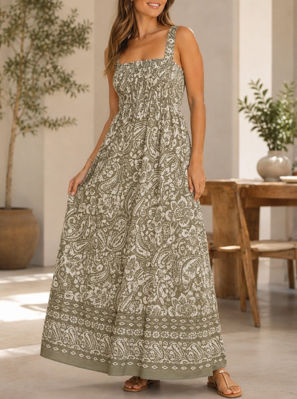 Ladies Border Print Strappy Dress-Sage Floral - StylePhase SA