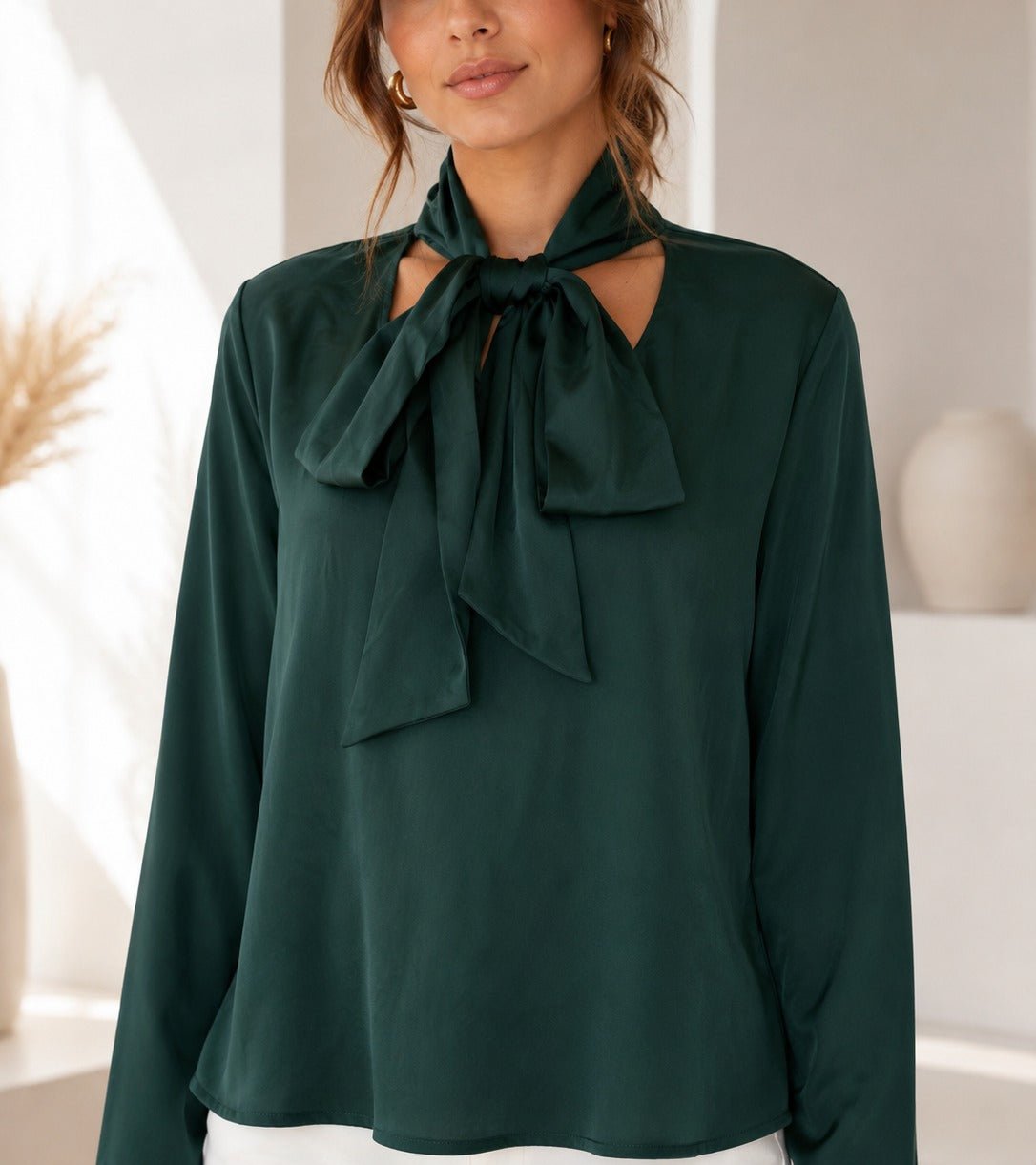 Ladies Bottle Green Tie Neck Top - StylePhase SA
