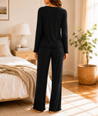 Ladies Bow Detail Ruffle Trim Black Pyjamas - StylePhase SA