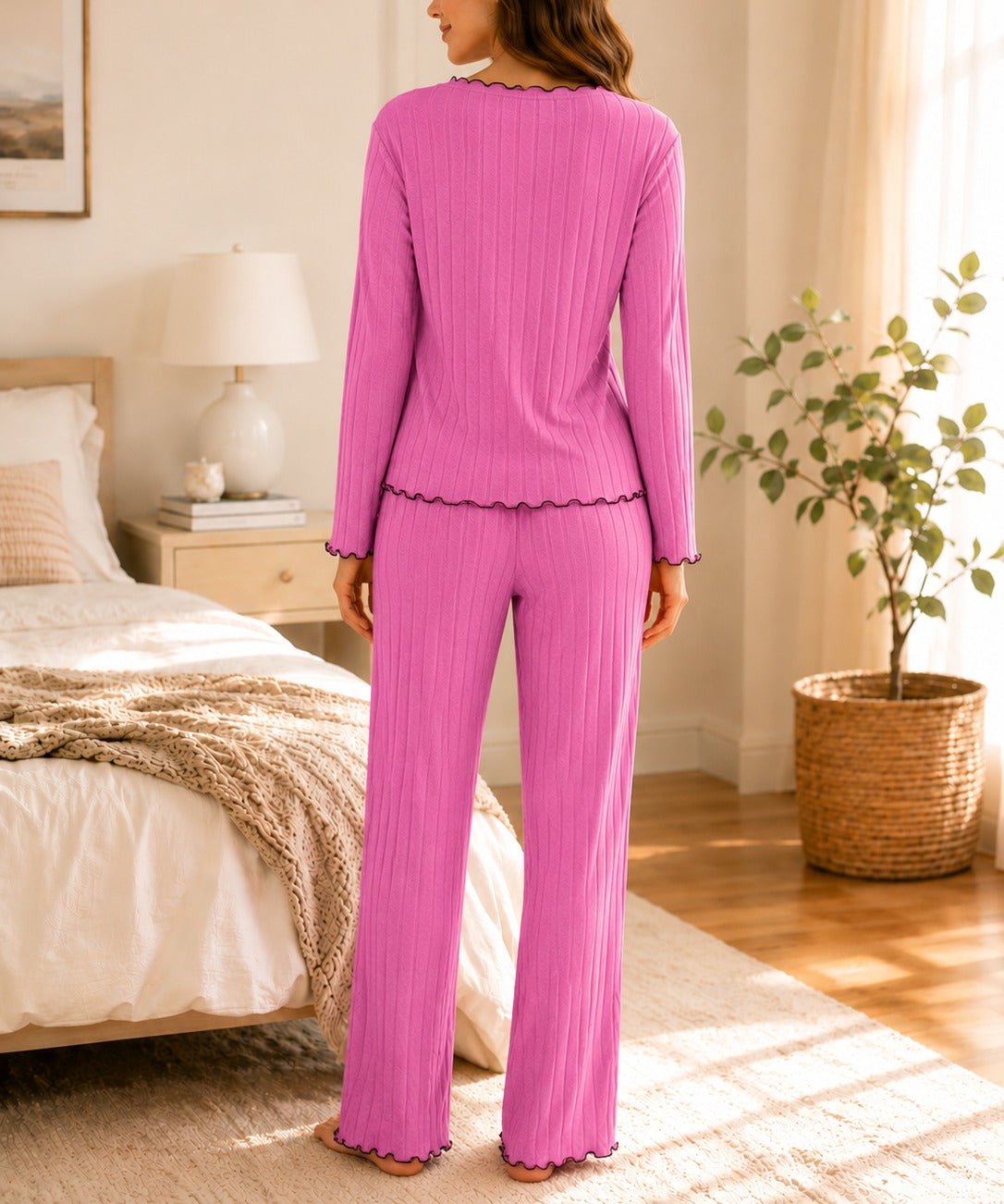 Ladies Bow Detail Ruffle Trim Dusty Pink Pyjamas - StylePhase SA