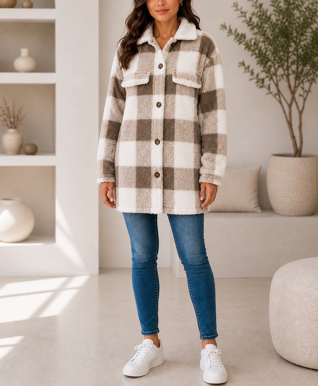 Ladies Brown And Cream Check Pattern Plush Top - StylePhase SA