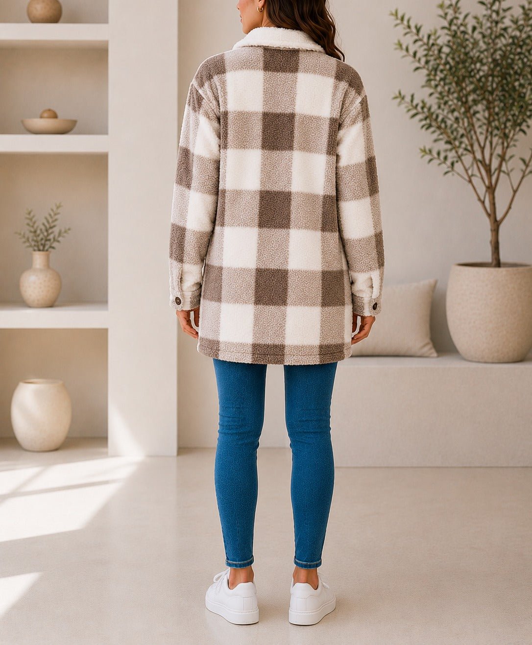 Ladies Brown And Cream Check Pattern Plush Top - StylePhase SA