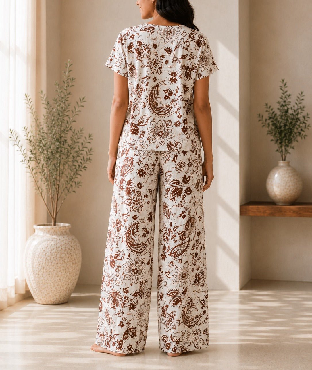 Ladies Brown And Cream Paisley Print Two-Piece Set - StylePhase SA