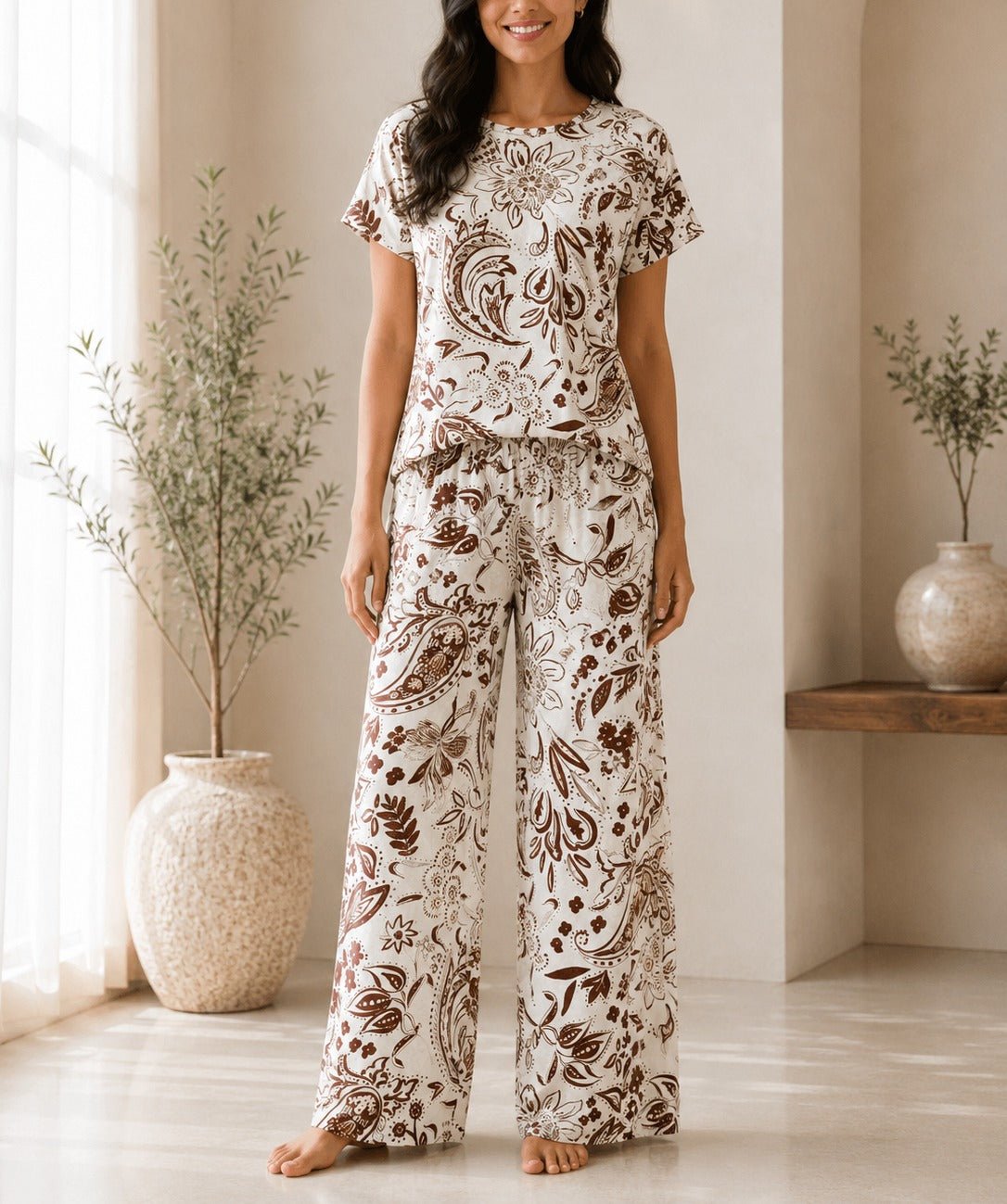 Ladies Brown And Cream Paisley Print Two-Piece Set - StylePhase SA