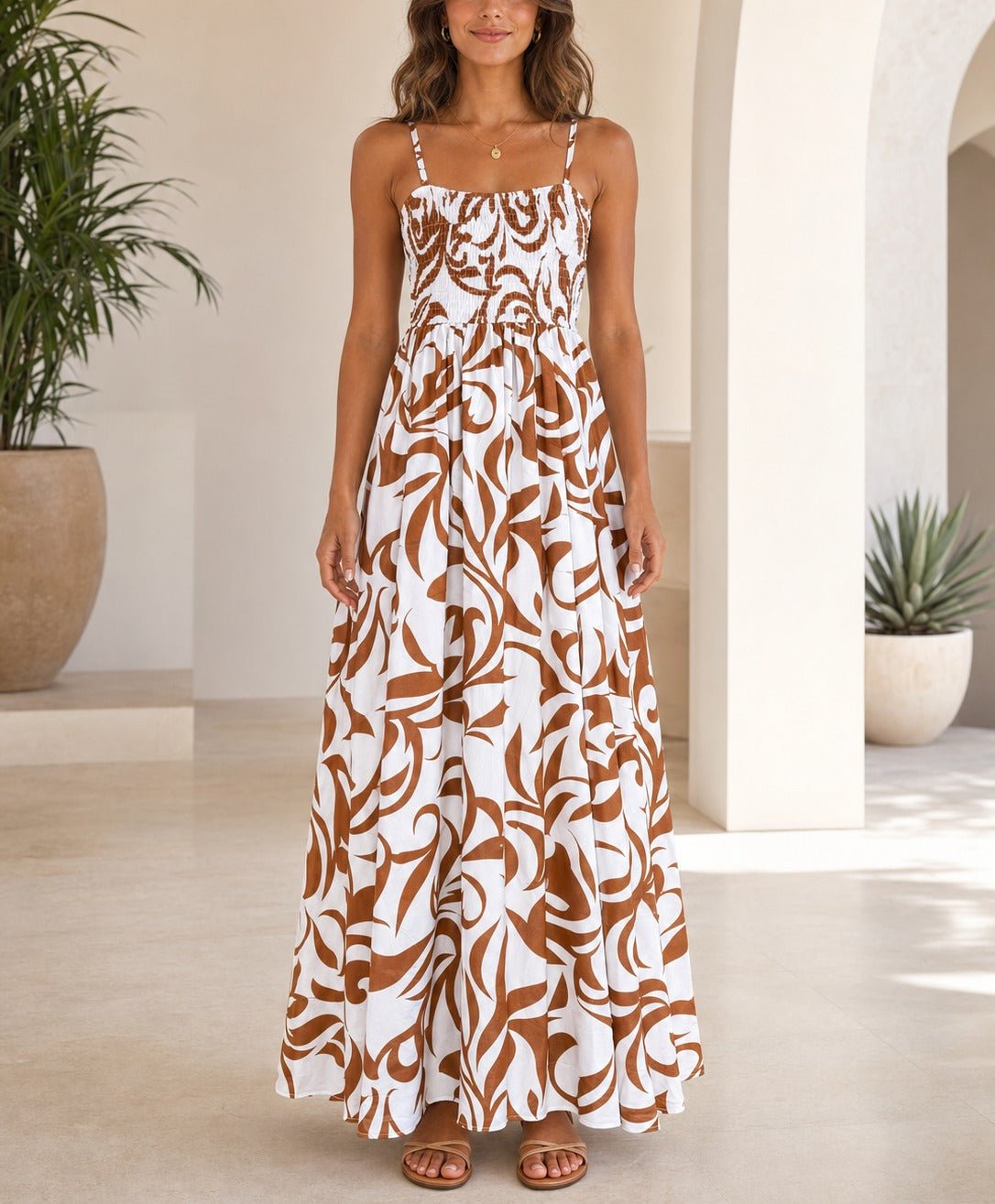 Ladies Brown And White Patterned Maxi Dress - StylePhase SA