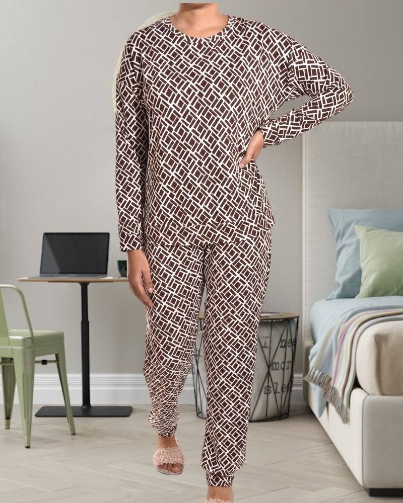 Ladies Brown And White Printed Pyjama Set - StylePhase SA