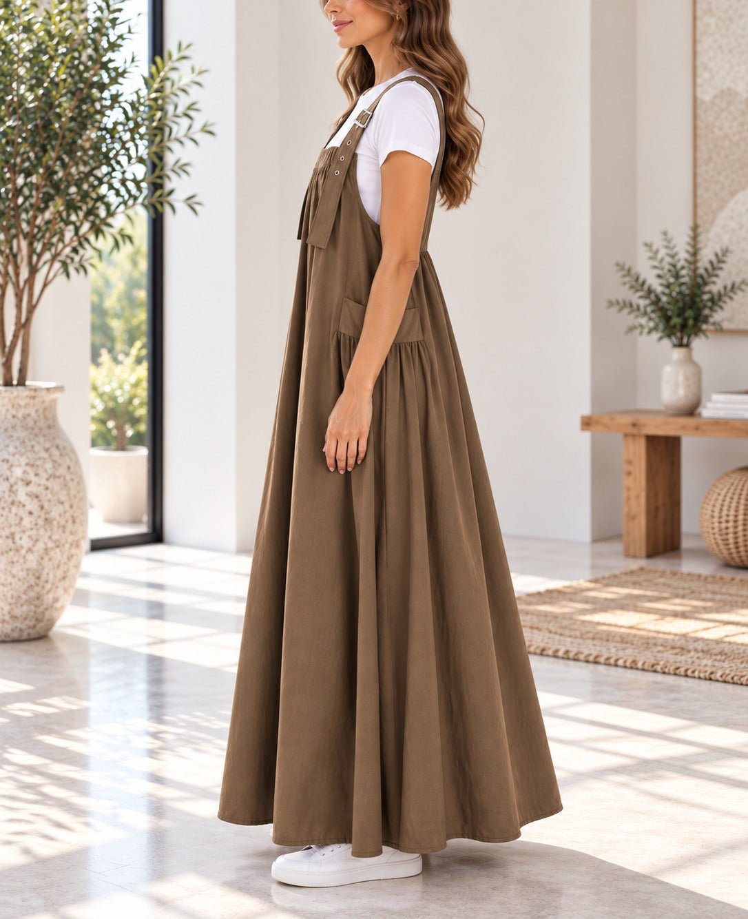 Ladies Brown Buckle Strap Side Pocket Maxi Dress - StylePhase SA