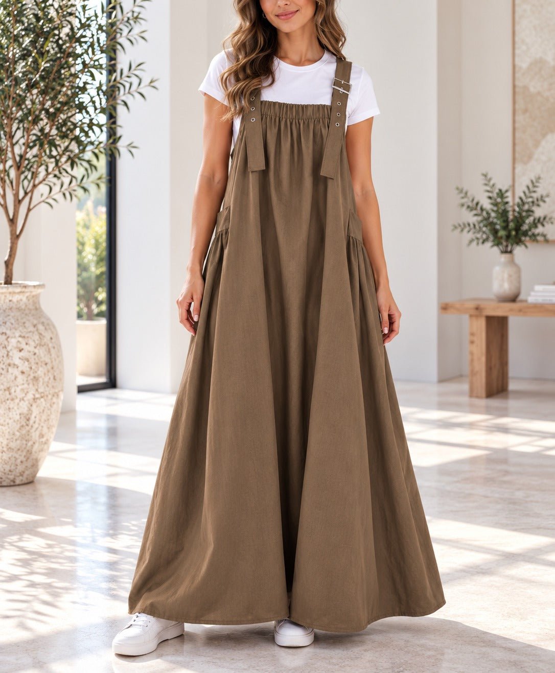 Ladies Brown Buckle Strap Side Pocket Maxi Dress - StylePhase SA