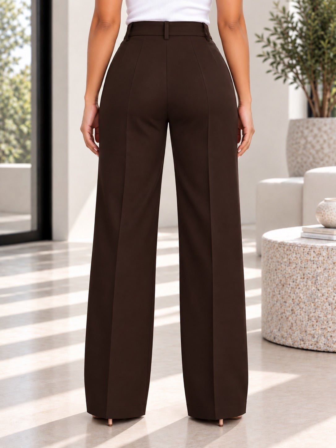 Ladies Brown Button Front Long Pants - StylePhase SA