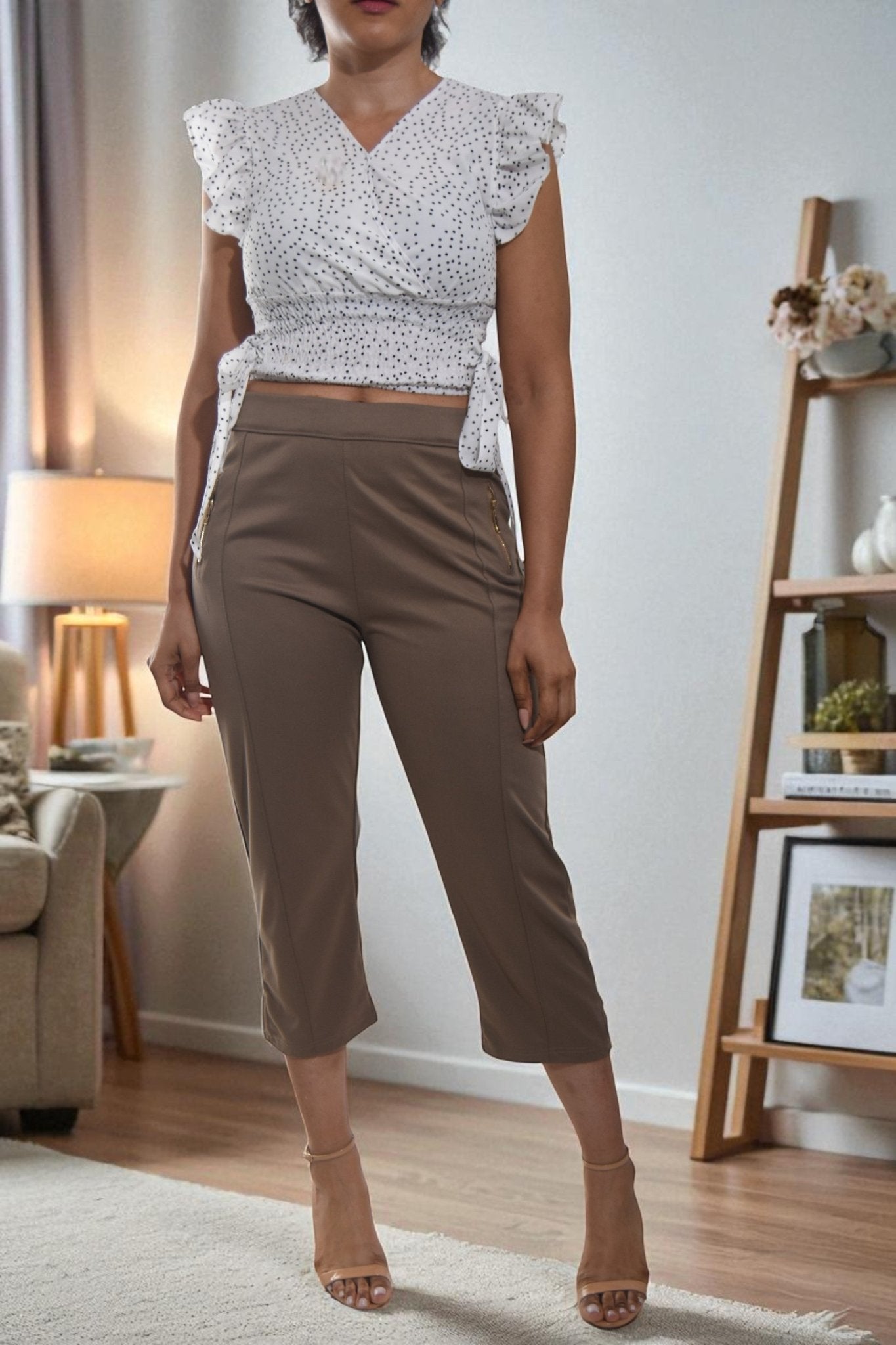 Ladies Brown Capri Zip Pants - StylePhase SA