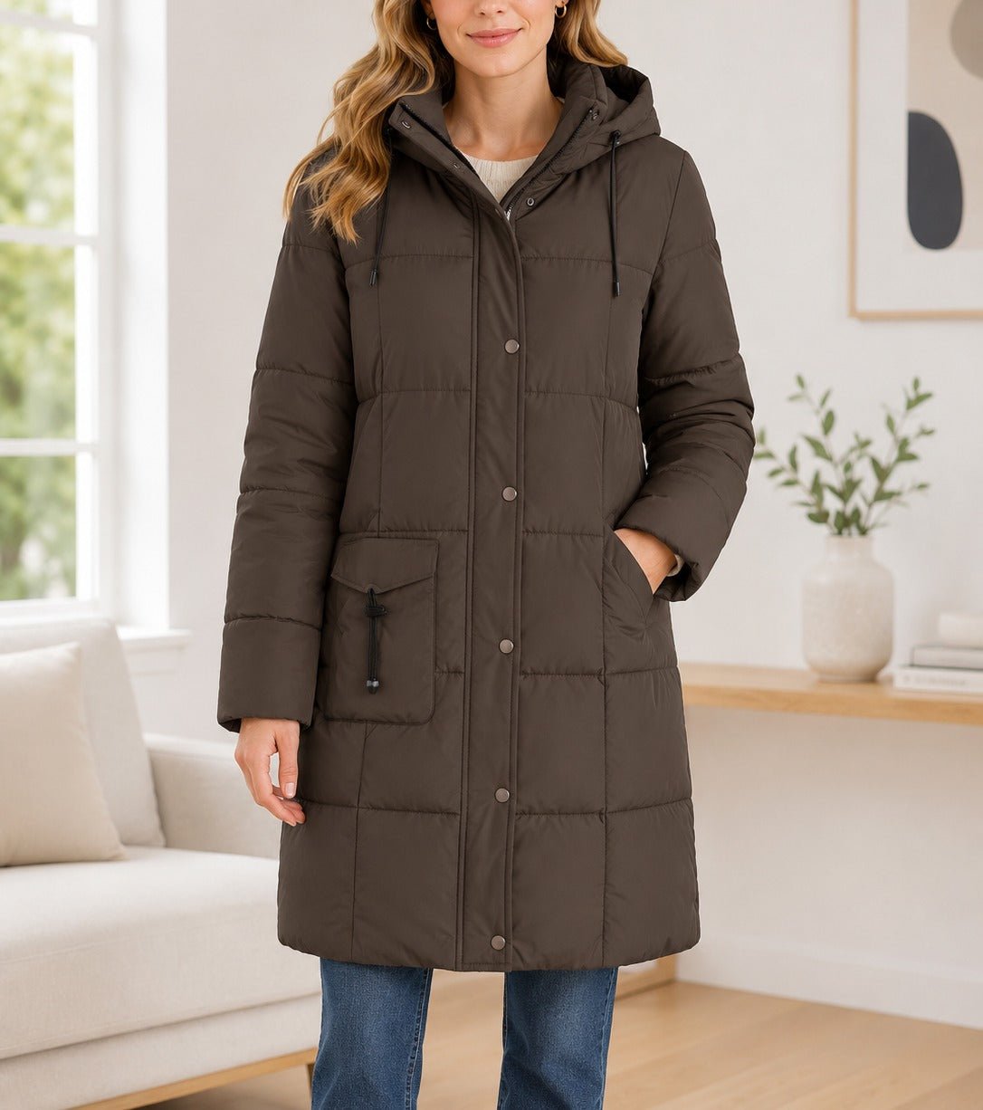 Ladies Brown Chocolate Long Line Padded Puffer Jacket - StylePhase SA