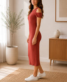 Ladies Brown Cold Shoulder New Feeling Midi Dress - StylePhase SA