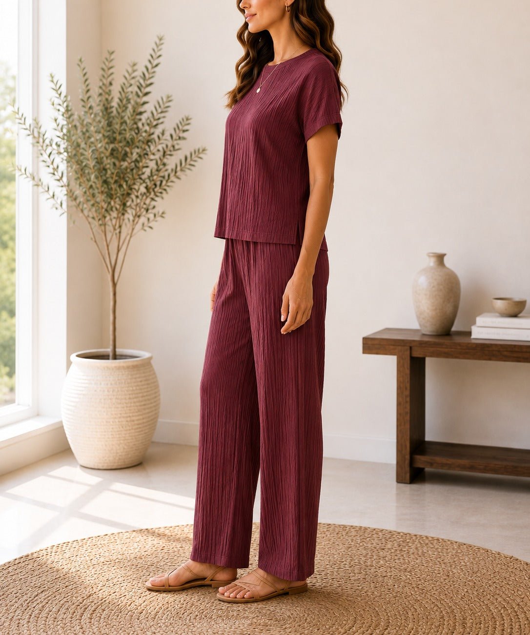 Ladies Brown Crinkle-Knit Two-piece New Feeling Set - StylePhase SA