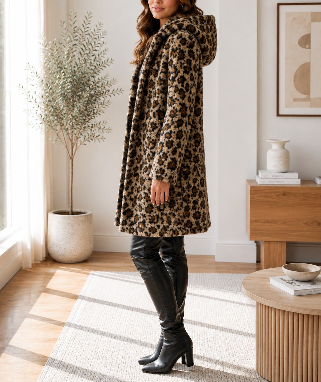 Ladies Brown Curly Melton Leopard Print Hooded Coat - StylePhase SA
