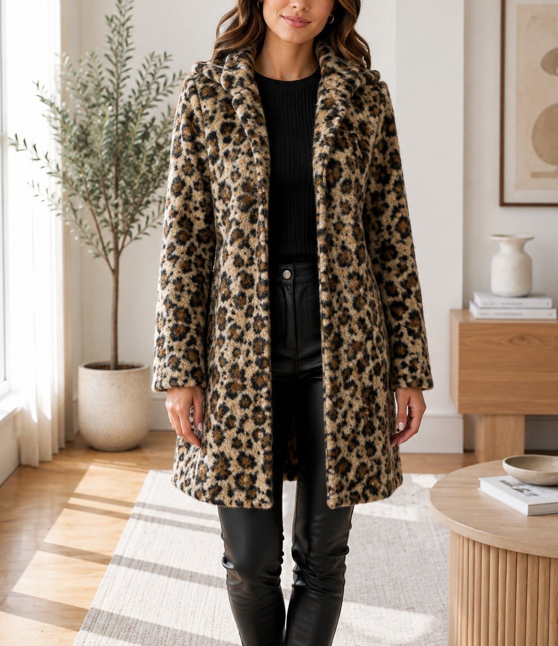 Ladies Brown Curly Melton Leopard Print Hooded Coat - StylePhase SA