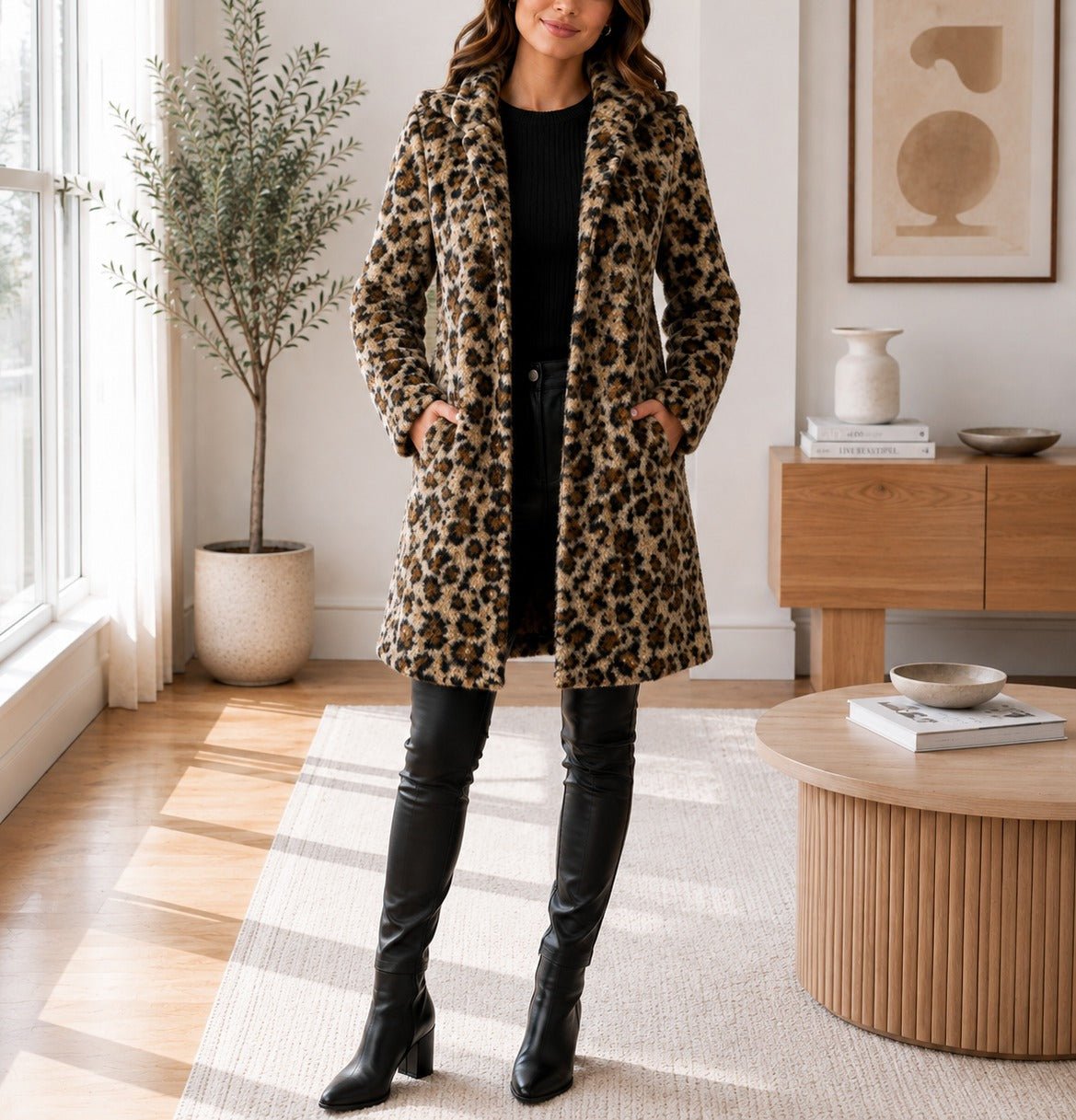 Ladies Brown Curly Melton Leopard Print Hooded Coat - StylePhase SA