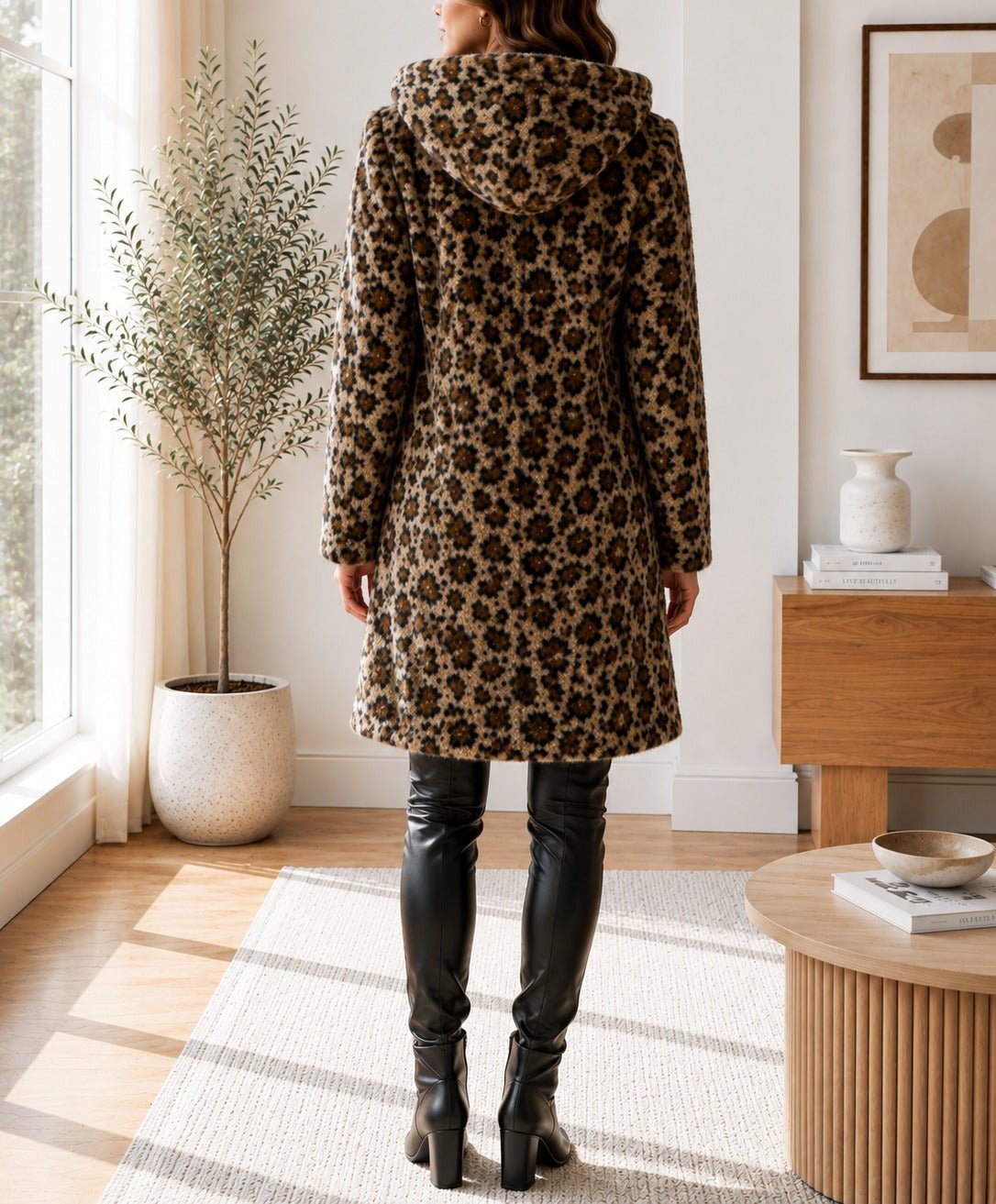 Ladies Brown Curly Melton Leopard Print Hooded Coat - StylePhase SA