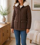 Ladies Brown Detachable Fur Hoody Jacket - StylePhase SA