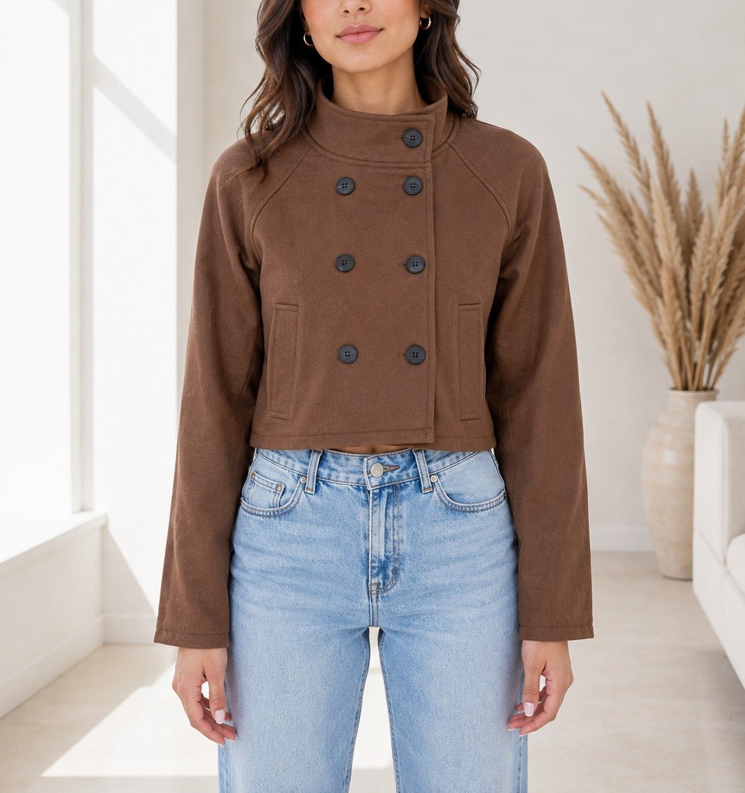 Ladies Brown Double Breasted Crop Jacket - StylePhase SA