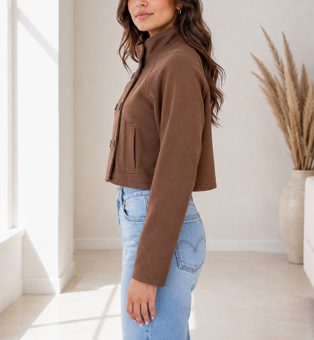 Ladies Brown Double Breasted Crop Jacket - StylePhase SA