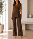 Ladies Brown Double Breasted Sleeveless Two-Piece Set - StylePhase SA