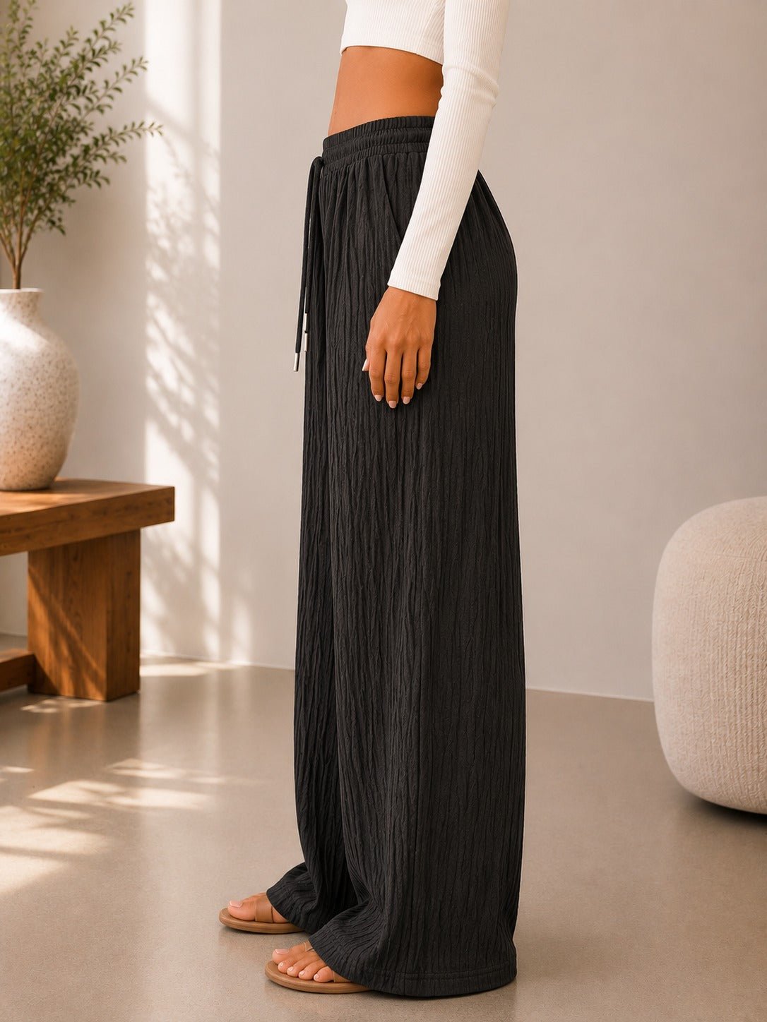 Ladies Brown Drawstring Crinkle Wide Leg Pants - StylePhase SA