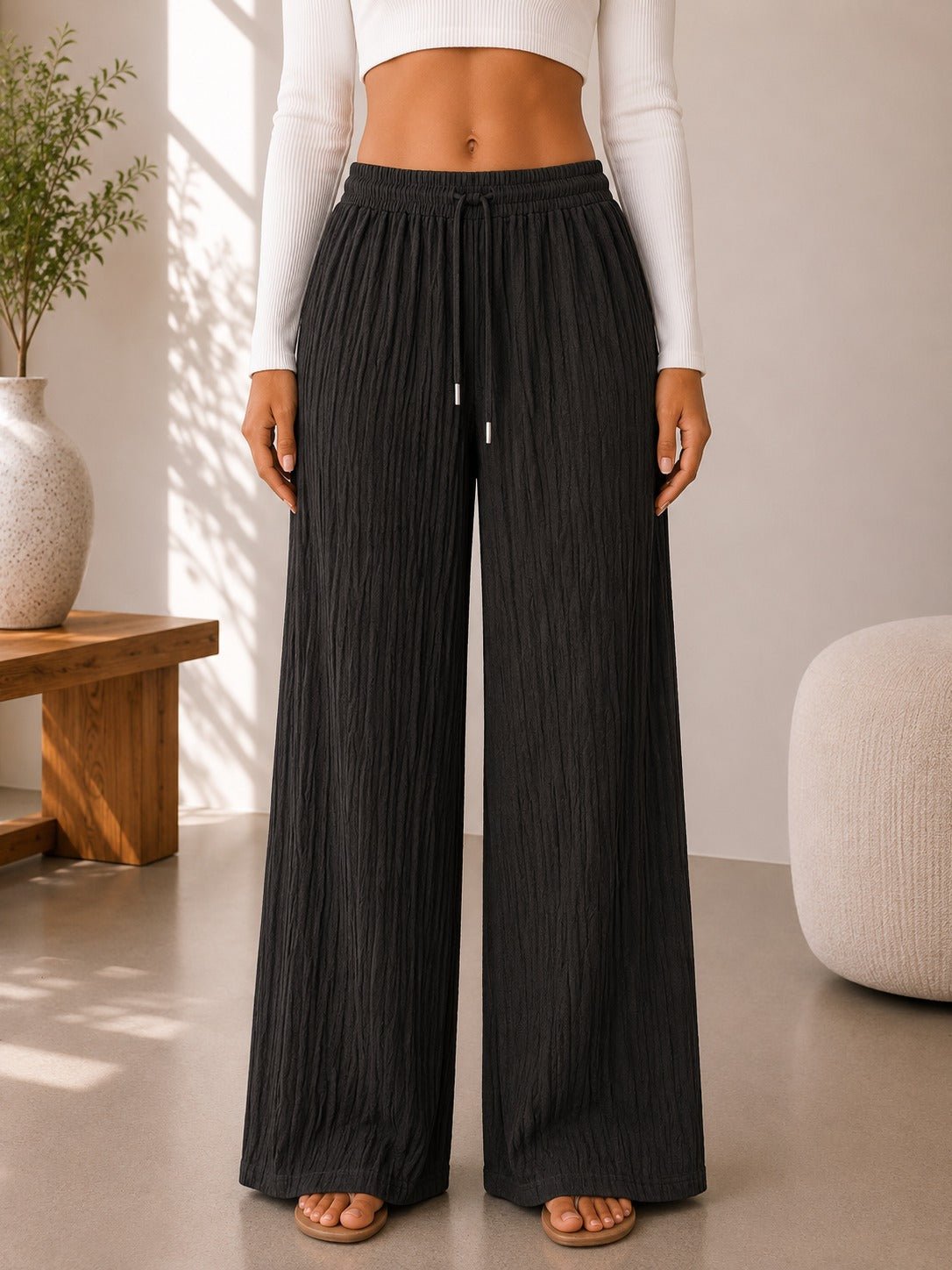 Ladies Brown Drawstring Crinkle Wide Leg Pants - StylePhase SA