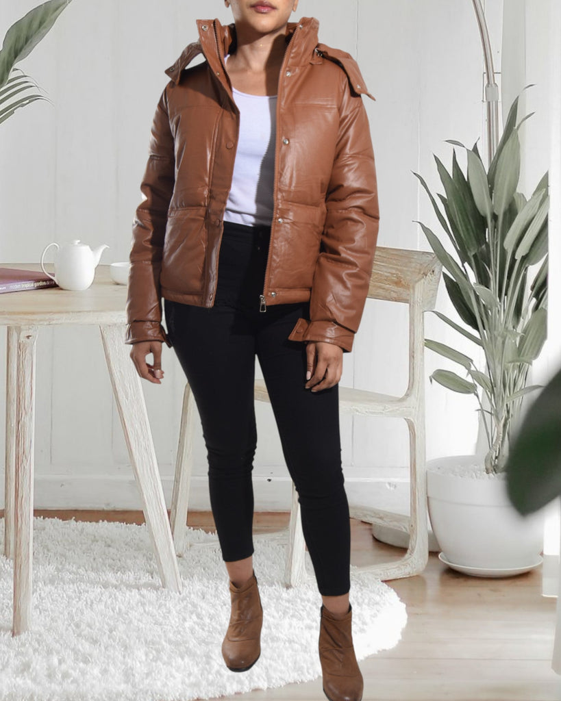 Ladies Brown Faux Leather Hoody Jacket - StylePhase SA