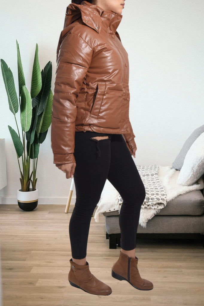 Ladies Brown Faux Leather Hoody Jacket - StylePhase SA