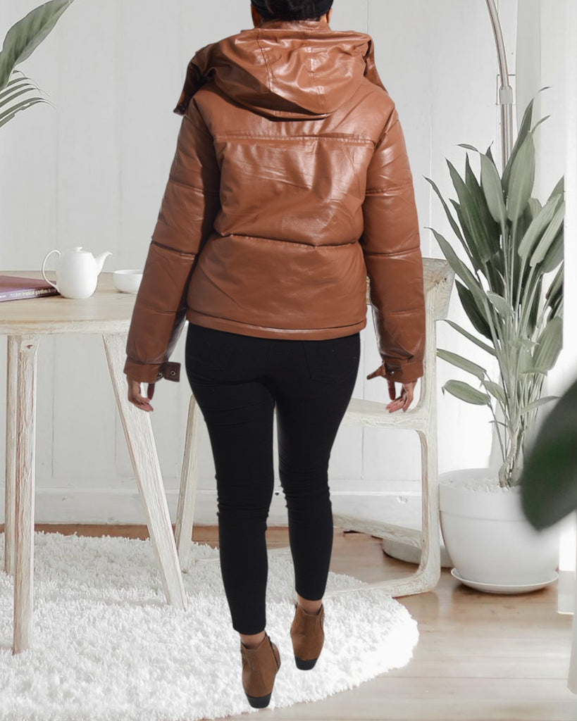Ladies Brown Faux Leather Hoody Jacket - StylePhase SA