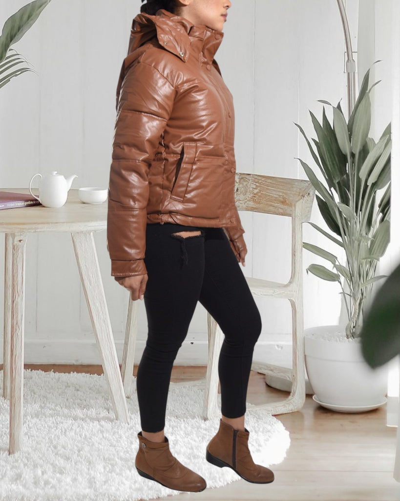 Ladies Brown Faux Leather Hoody Jacket - StylePhase SA