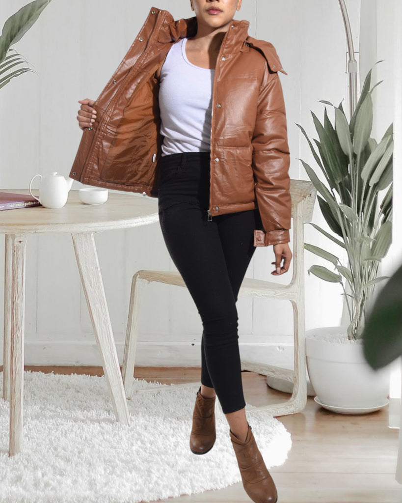 Ladies Brown Faux Leather Hoody Jacket - StylePhase SA