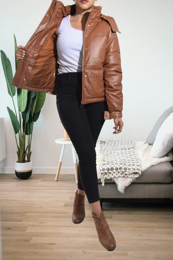 Ladies Brown Faux Leather Hoody Jacket - StylePhase SA