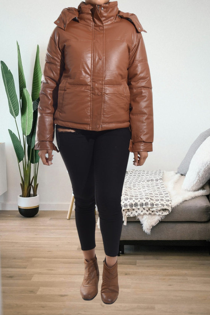 Ladies Brown Faux Leather Hoody Jacket - StylePhase SA