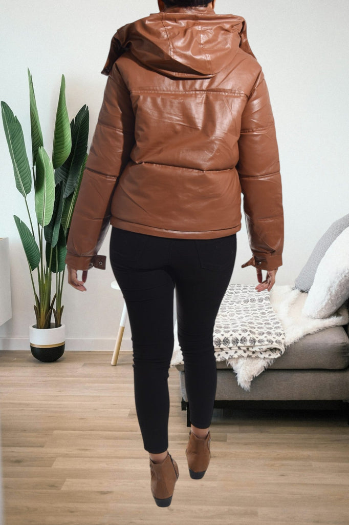 Ladies Brown Faux Leather Hoody Jacket - StylePhase SA