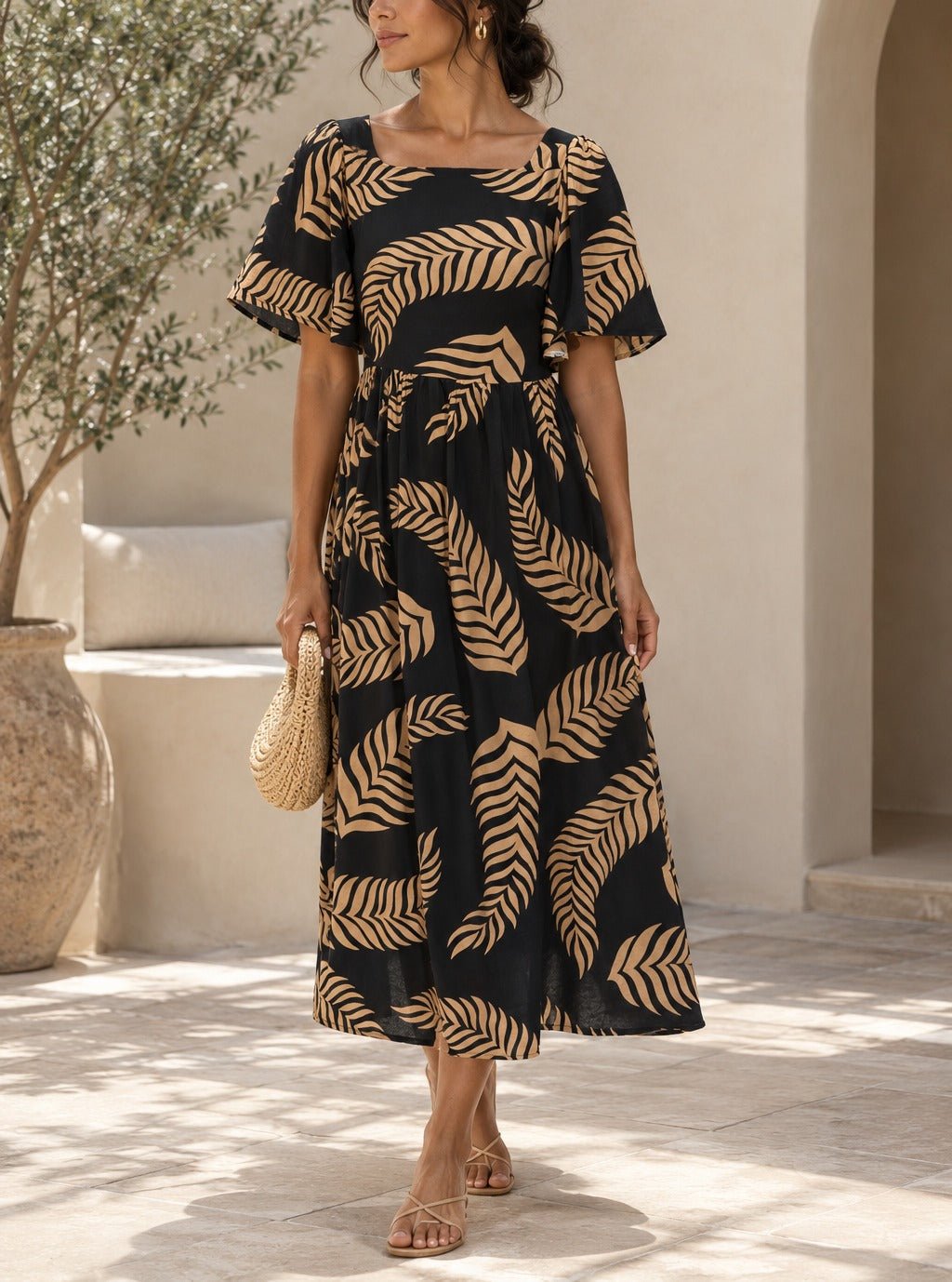 Ladies Brown Fern Print Square Neck Dress - StylePhase SA