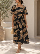 Ladies Brown Fern Print Square Neck Dress - StylePhase SA