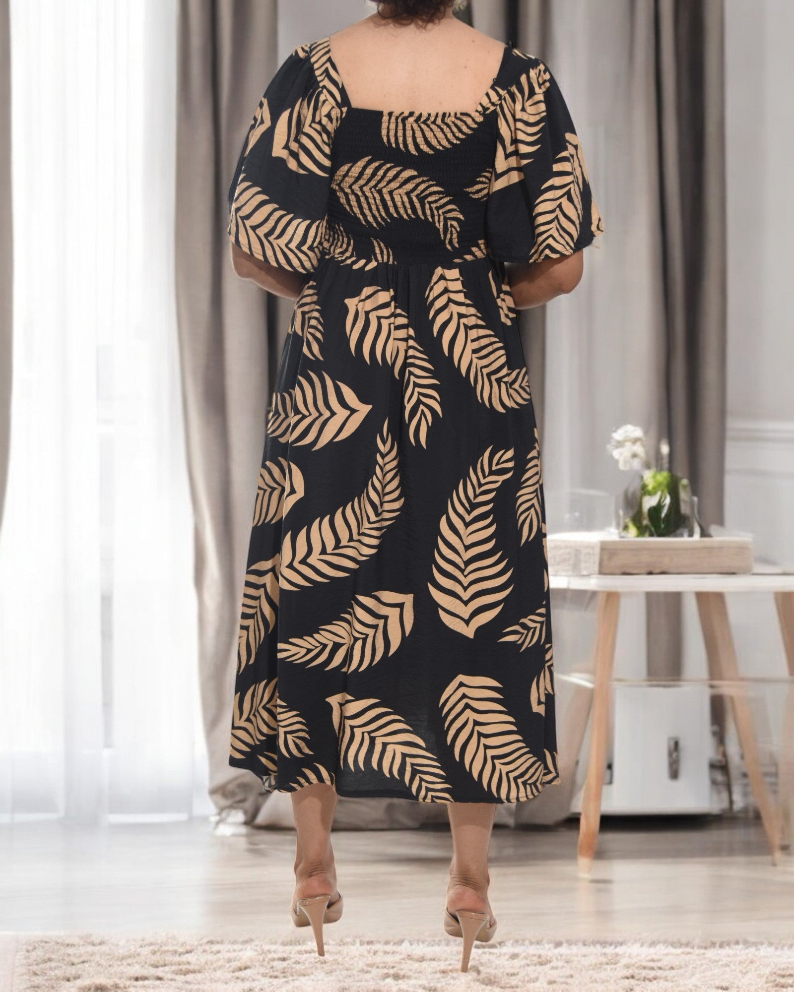Ladies Brown Fern Print Square Neck Dress - StylePhase SA